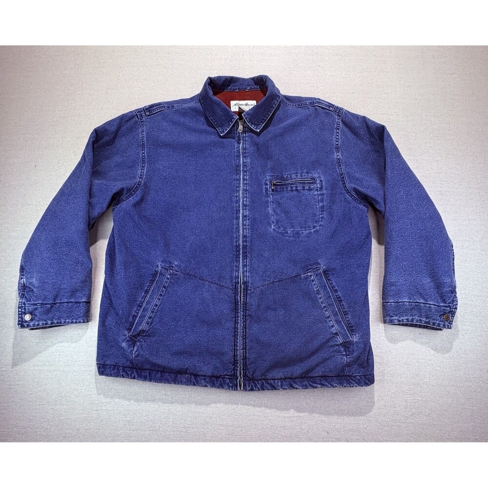 Eddie Bauer Men Large Thinsulate Insulated Denim Canvas Barn Jacket Red Lined